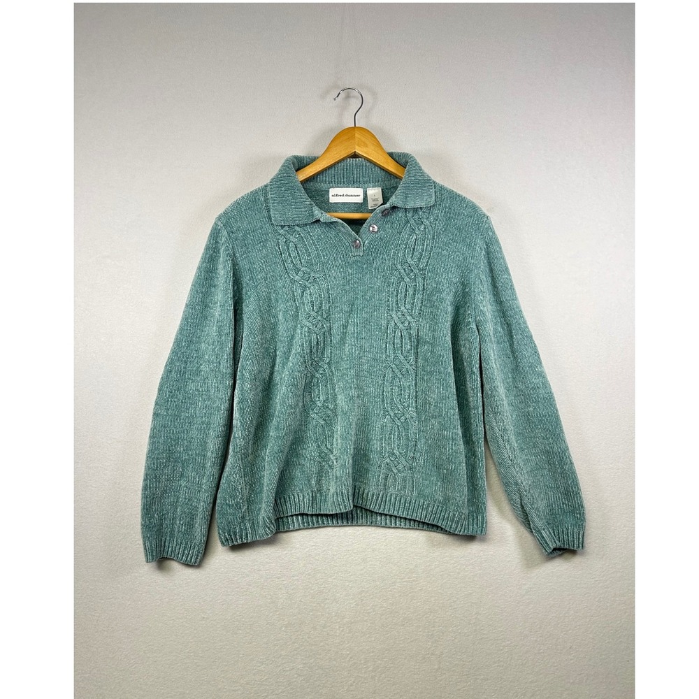 Alfred Dunner Women Teal Blue Chenille Cable Knit Polo Sweater Large